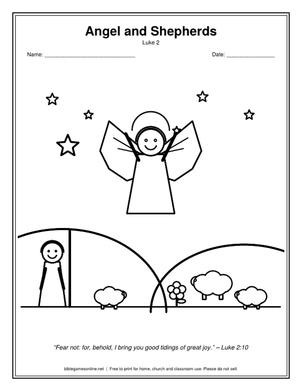 Coloring page: An angel above shepherds and sheep on the hills