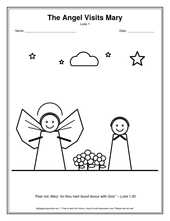 Coloring page: The angel Gabriel and Mary