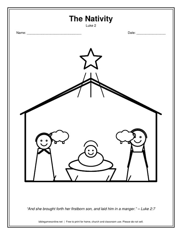 Coloring page: The Nativity with Mary, Joseph and baby Jesus in the stable