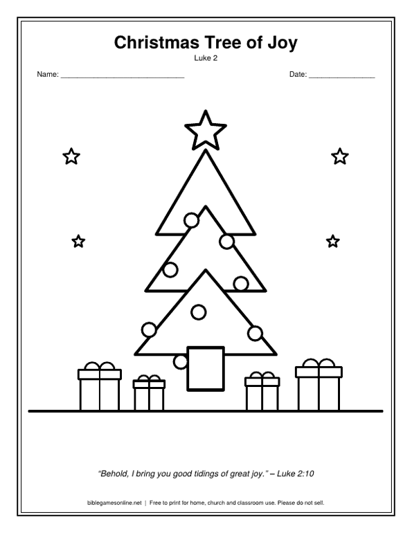 Coloring page: A Christmas tree with a star, ornaments and gifts