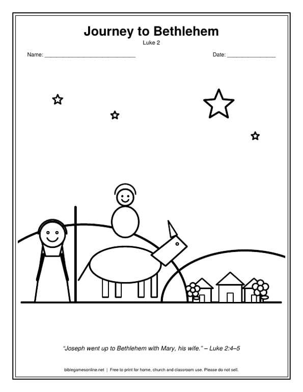 Coloring page: Mary on a donkey and Joseph walking to Bethlehem