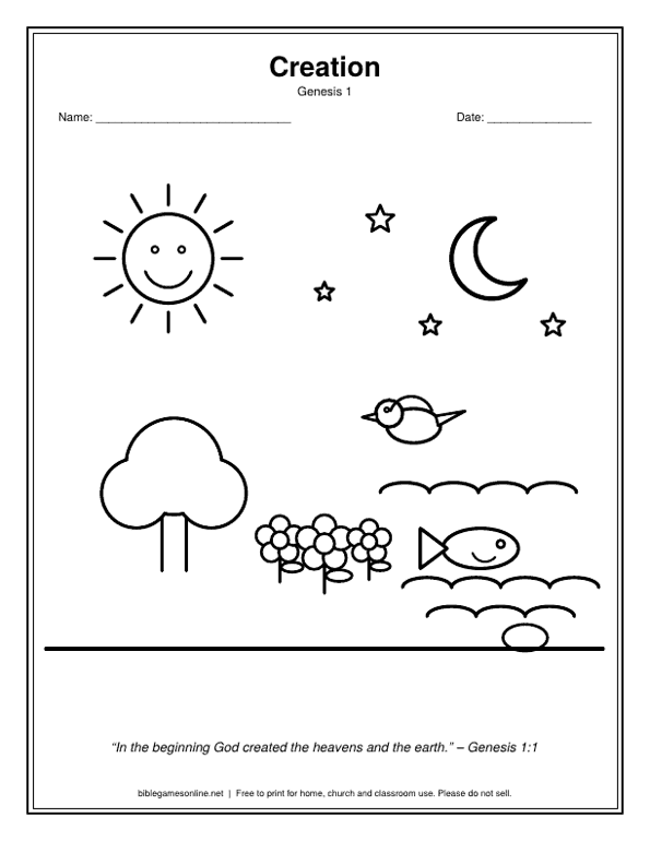 Coloring page: Creation with sun, moon, stars, tree, bird and fish