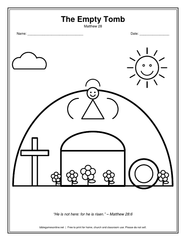 Coloring page: The empty tomb with an angel and the stone rolled away