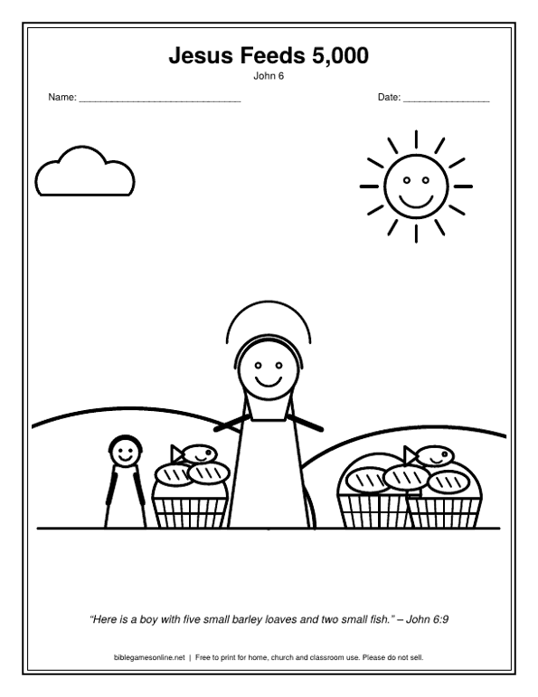Coloring page: Jesus with a boy, loaves and fish