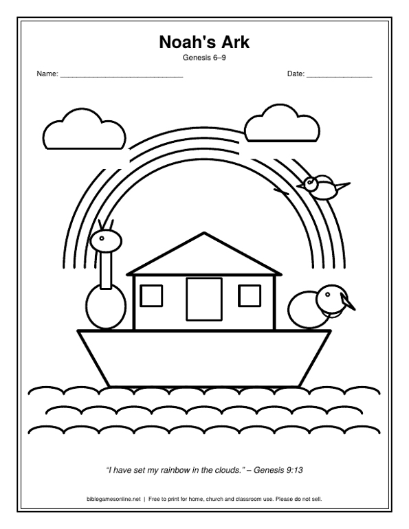 Coloring page: Noah's Ark with animals and a rainbow