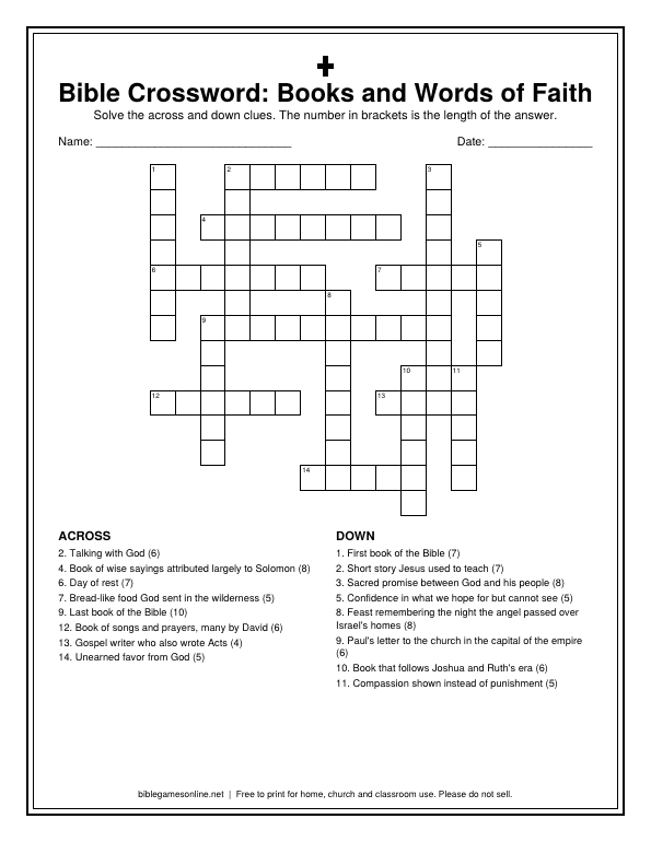 Preview of the Bible Crossword: Books and Words of Faith printable PDF