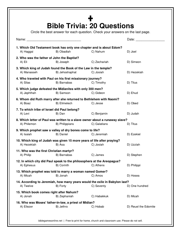 Preview of the Bible Trivia: 20 Questions printable PDF