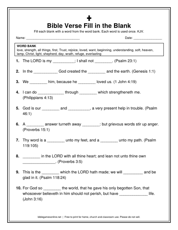 Preview of the Bible Verse Fill in the Blank Game printable PDF